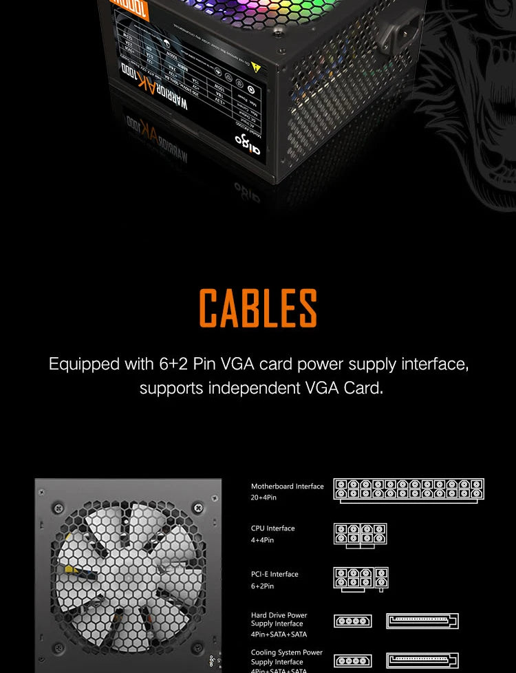 Fonte de alimentação AIG Oak PCP SU 500W 600W 700W 800W 1000W para jogos, ventilador RGB de 120 mm, fonte de alimentação para computador de mesa TX 220VA para BT C