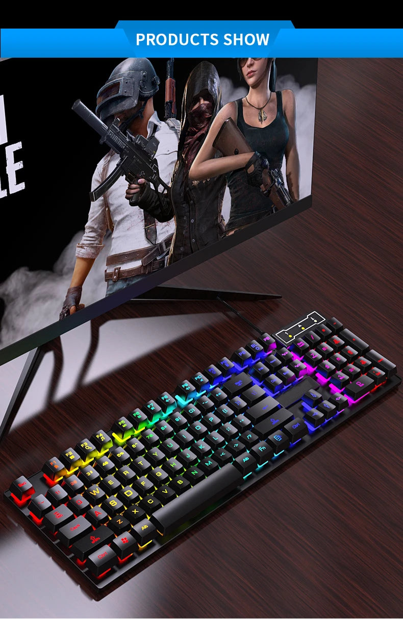 Teclado com fio de 104 teclas com retroiluminação RGB, luz respirável, conjunto de teclado e mouse ergonômico para jogos, laptop, Gamer Office