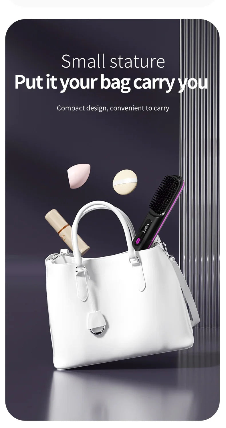 Pente elétrico de cabelo liso com aquecimento de cerâmica USB LCD, ferramenta de modelagem sem fio portátil com íons negativos, escova alisadora recarregável