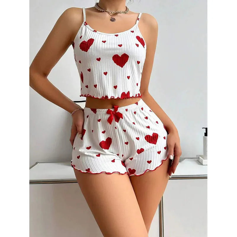 Mulheres spa jam ativo pijamas 2 peças regatas curtas e shorts SS ml branco ventilado macio casual amor impressão