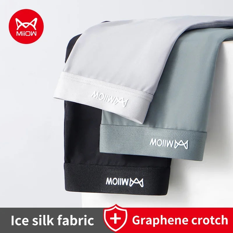 MiiOW 3 peças cuecas boxer masculinas de seda fina e gelada, grafeno, antibacteriano, roupa íntima masculina respirável e refrescante