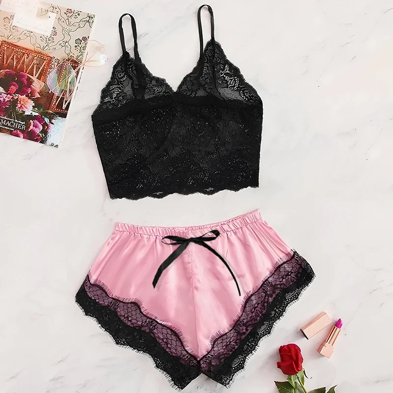 Conjunto de pijamas femininos 2 peças, verão 2025, novo, sexy, renda transparente, preto, rosa, roupas fofas, confortáveis, respiráveis, suspensórios e shorts