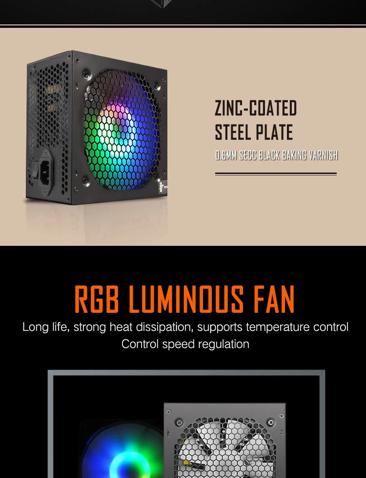 Fonte de alimentação AIG Oak PCP SU 500W 600W 700W 800W 1000W para jogos, ventilador RGB de 120 mm, fonte de alimentação para computador de mesa TX 220VA para BT C