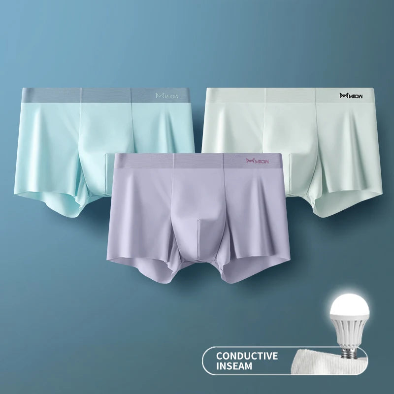 MIIOW 3 Peças Cueca Boxer Masculina de Seda Gelada Fibra Metálica Antiestática Cuecas Masculinas Sem Costura Bainha de Corte Cuecas Masculinas Boxers Shorts Trunk