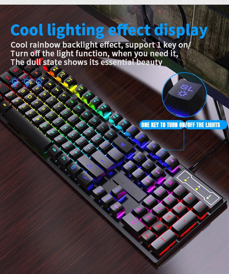 Teclado com fio de 104 teclas com retroiluminação RGB, luz respirável, conjunto de teclado e mouse ergonômico para jogos, laptop, Gamer Office
