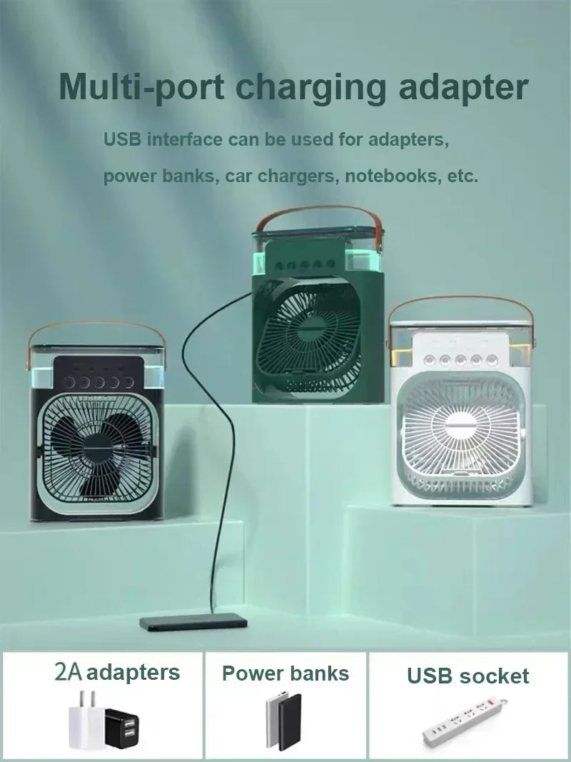 Umidificador portátil, ventilador, ar condicionado, USB, ventilador elétrico, luz noturna LED, névoa de água, divertido, 3 em 1, refrigerador de ar, umidificador para casa