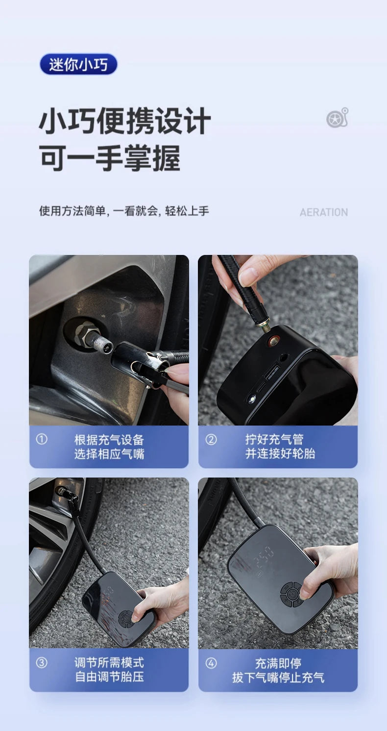 Bomba de ar para carro 4 em 1, compressor de ar com fio/sem fio, lanterna destacável, banco de energia de 4400 mAh, bomba de encher pneus portátil