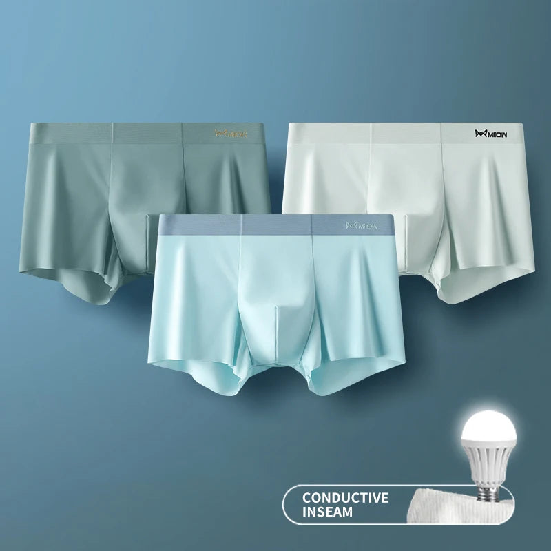 MIIOW 3 Peças Cueca Boxer Masculina de Seda Gelada Fibra Metálica Antiestática Cuecas Masculinas Sem Costura Bainha de Corte Cuecas Masculinas Boxers Shorts Trunk
