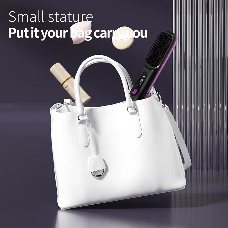 Pente elétrico de cabelo liso com aquecimento de cerâmica USB LCD, ferramenta de modelagem sem fio portátil com íons negativos, escova alisadora recarregável