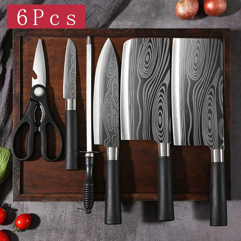 Conjunto de facas de cozinha utilitárias com padrão de damasco a laser, conjunto de hastes de afiação de tesouras, faca de chef afiada de aço inoxidável, ferramenta de cozinha