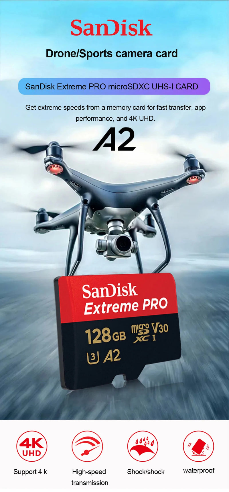Cartão de memória SanDisk Extreme Pro Micro SD 256 GB UHS-I, cartão Micro SD 128 GB, cartão TF 64 GB, 200 MB/memória em classe 10 U3 V30 A2, capa para carro