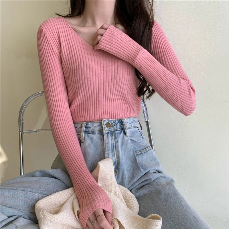 2025 Outono Inverno Mulheres Suéteres Casuais Manga Longa Malha Pulôver Suéter Feminino BÁSICO Sólido Jersey Tops Moda Roupas