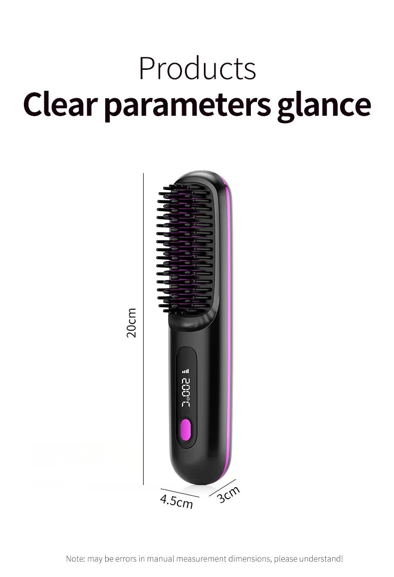 Pente elétrico de cabelo liso com aquecimento de cerâmica USB LCD, ferramenta de modelagem sem fio portátil com íons negativos, escova alisadora recarregável