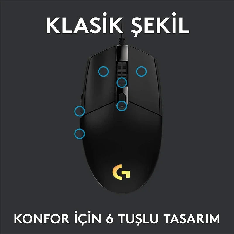 Mouse gamer Logitech G102 com fio USB, tela com efeito óptico de arco-íris de 8000 DPI para PC/Mac e laptop