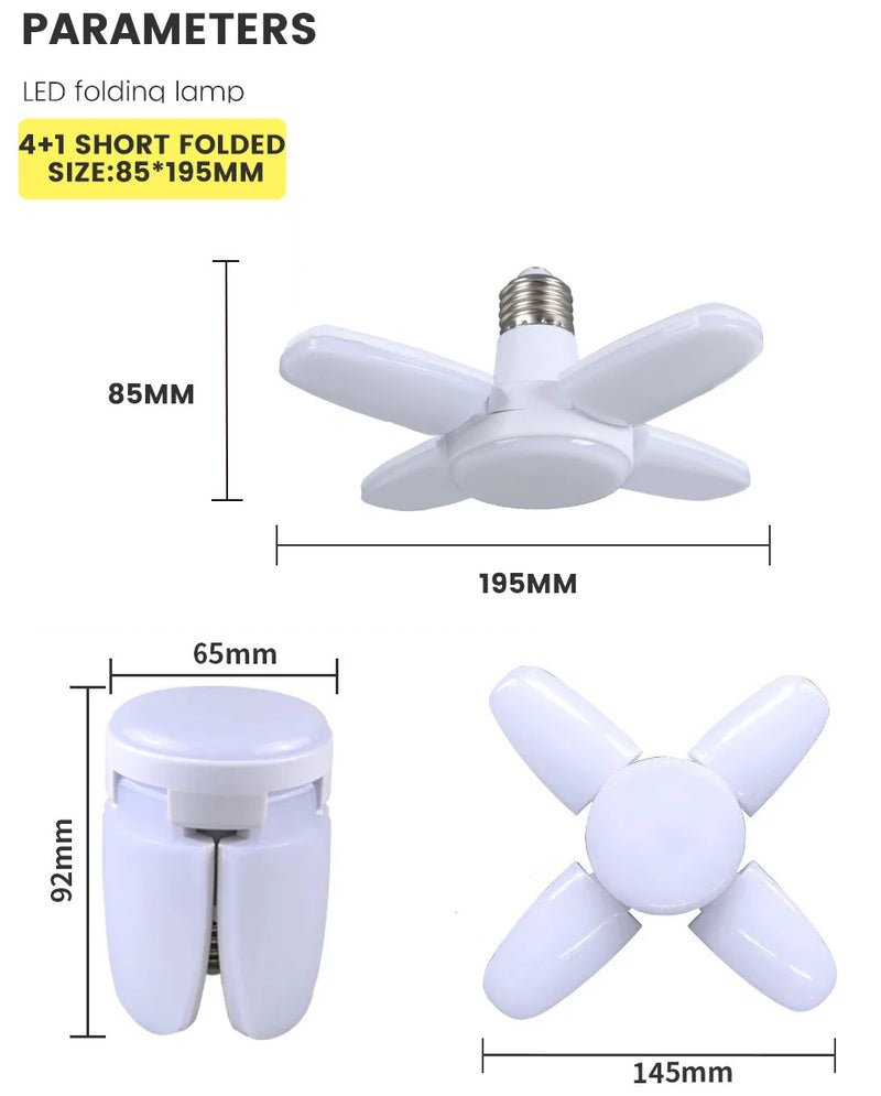Lâmpada LED dobrável E27 de 28 W com ventilador AC220 V/110 V, 40 lâmpadas de deformação para iluminação de teto residencial, armazém e garagem, luz branca, lâmpada 6500 K