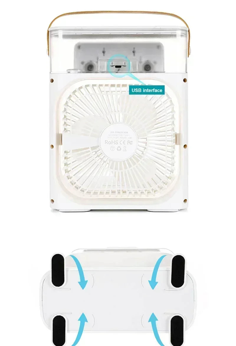 Umidificador portátil, ventilador, ar condicionado, USB, ventilador elétrico, luz noturna LED, névoa de água, divertido, 3 em 1, refrigerador de ar, umidificador para casa