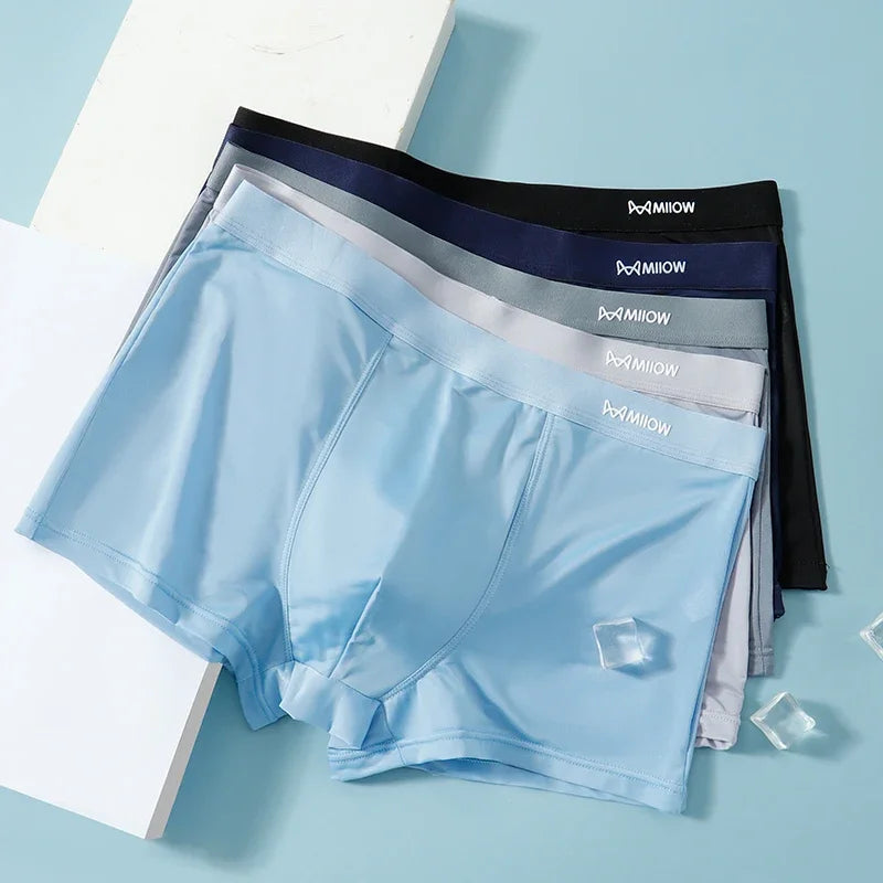 MiiOW 3 peças cuecas boxer masculinas de seda fina e gelada, grafeno, antibacteriano, roupa íntima masculina respirável e refrescante