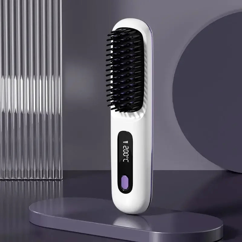 Pente elétrico de cabelo liso com aquecimento de cerâmica USB LCD, ferramenta de modelagem sem fio portátil com íons negativos, escova alisadora recarregável