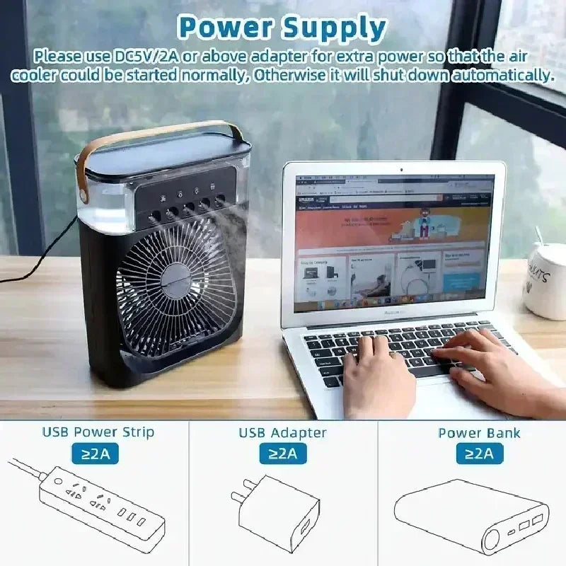 Umidificador portátil, ventilador, ar condicionado, USB, ventilador elétrico, luz noturna LED, névoa de água, divertido, 3 em 1, refrigerador de ar, umidificador para casa