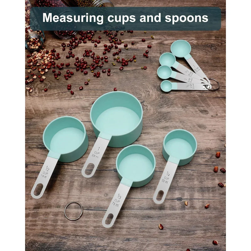 xícaras e colheres medidoras, xícaras e colheres empilháveis, xícaras medidoras encaixáveis com alça, utensílios de cozinha para cozinhar e assar