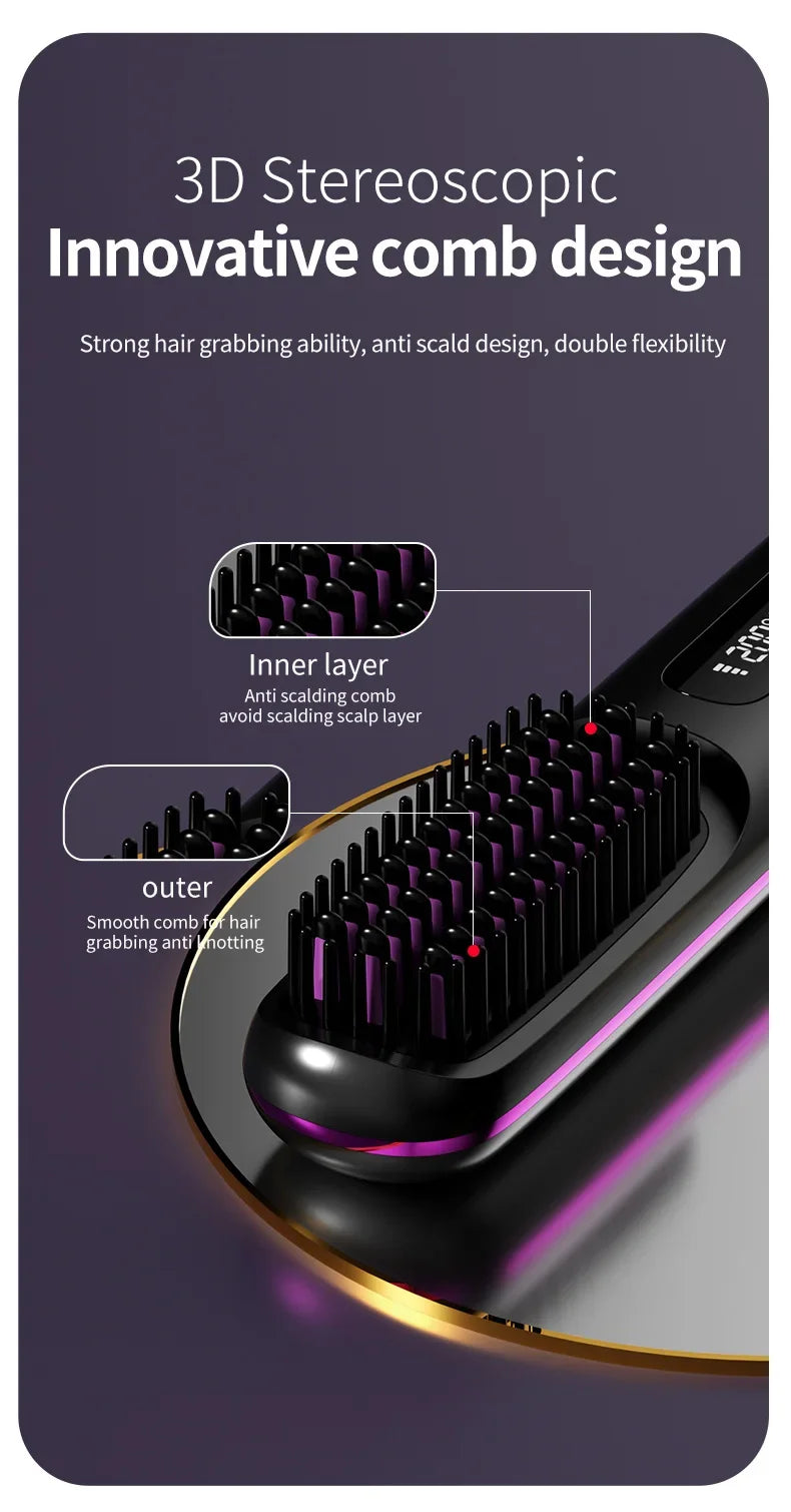 Pente elétrico de cabelo liso com aquecimento de cerâmica USB LCD, ferramenta de modelagem sem fio portátil com íons negativos, escova alisadora recarregável