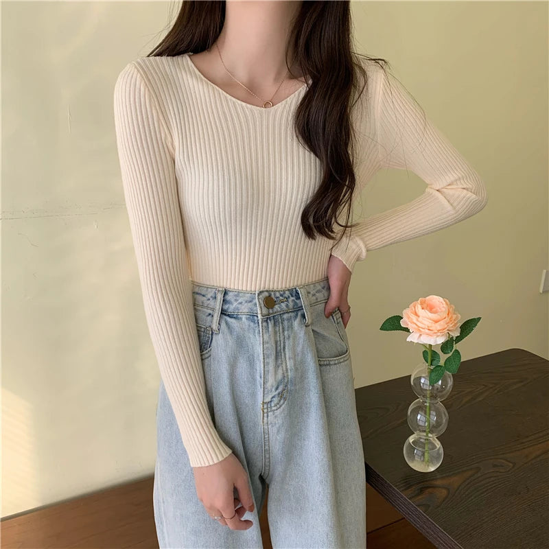 2025 Outono Inverno Mulheres Suéteres Casuais Manga Longa Malha Pulôver Suéter Feminino BÁSICO Sólido Jersey Tops Moda Roupas