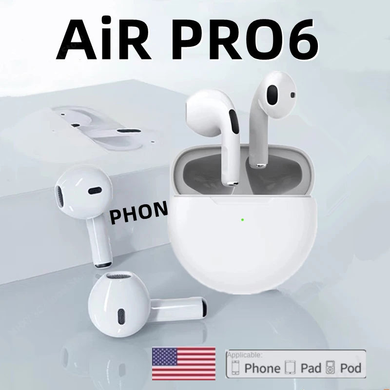 Fones de ouvido sem fio Bluetooth Pro 6 TWS originais, mini fone de ouvido estéreo esportivo para Xiaomi Android