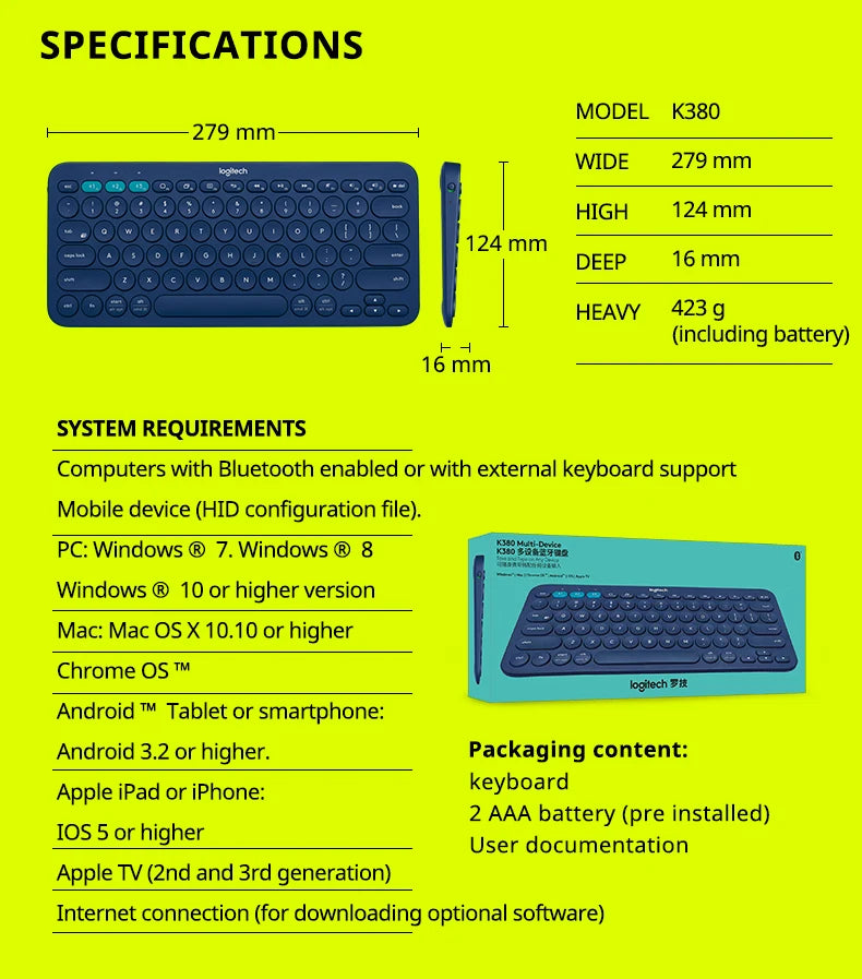 Logitech K380 Wireless Bluetooth Rede Vermelho Teclado Tablet iPad Office