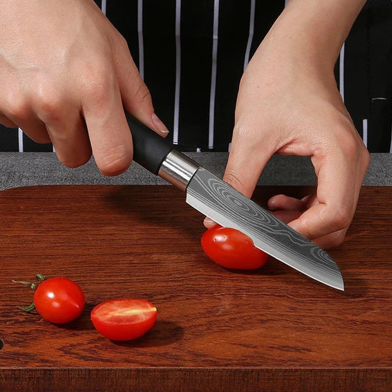 Conjunto de facas de cozinha utilitárias com padrão de damasco a laser, conjunto de hastes de afiação de tesouras, faca de chef afiada de aço inoxidável, ferramenta de cozinha