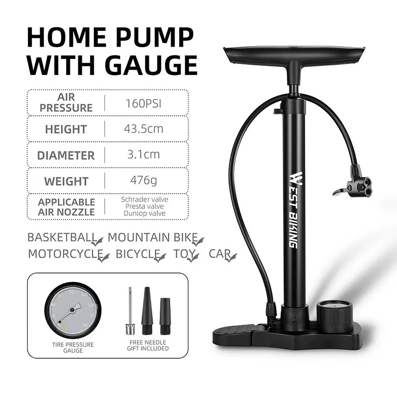 Bomba de bicicleta West Biking 160 psi bomba de bicicleta portátil de aço inoxidável Schrader pré-válvula infladora acessórios para bicicleta de estrada de montanha