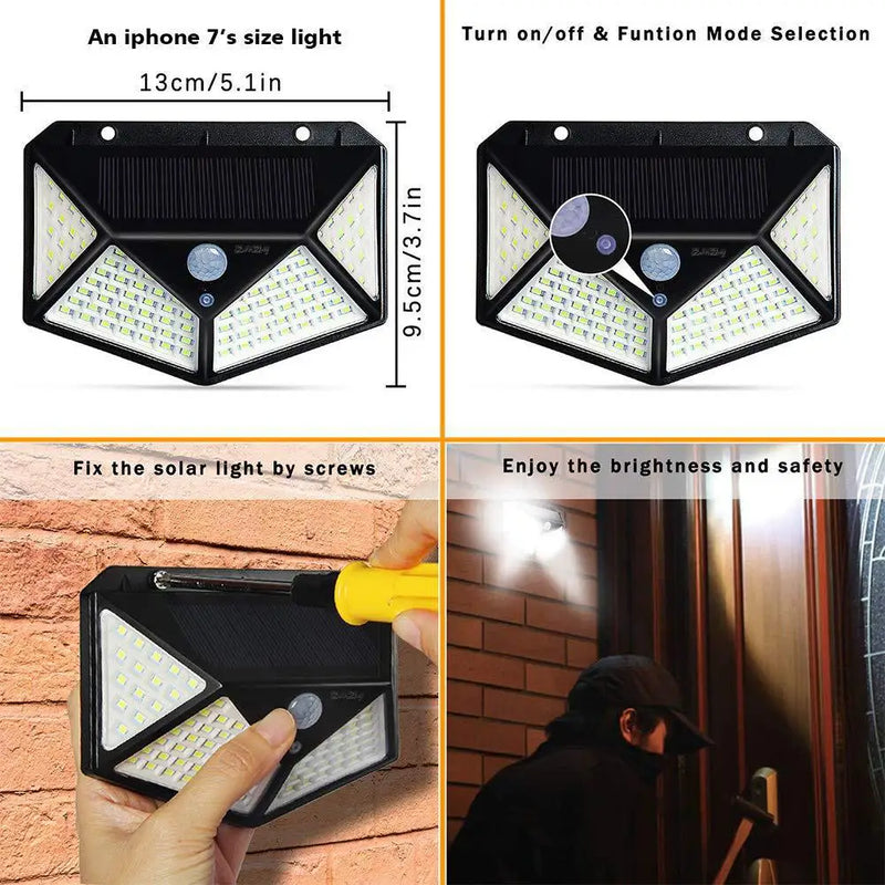 Luzes solares externas à prova d'água 100 LED lâmpada de parede sensor de movimento luz solar luz de rua para jardim varanda quintal garagem
