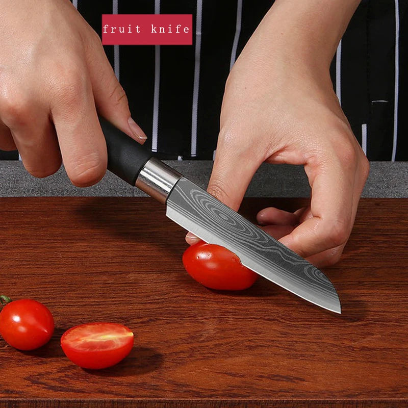 Conjunto de facas de cozinha utilitárias com padrão de damasco a laser, conjunto de hastes de afiação de tesouras, faca de chef afiada de aço inoxidável, ferramenta de cozinha