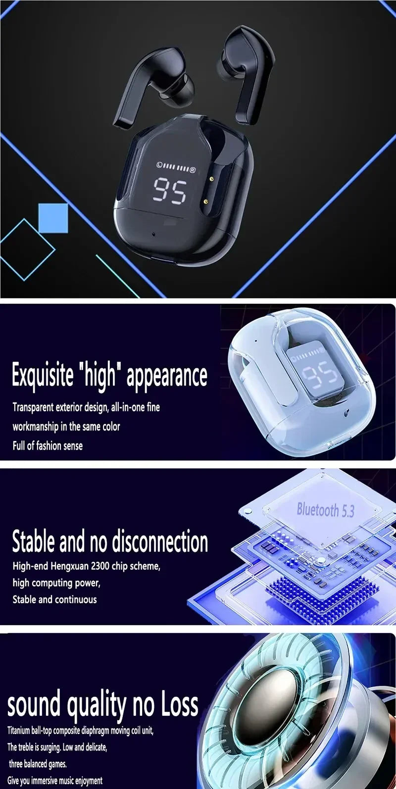 Fone de ouvido sem fio Bluetooth T2 original, transparente, HiFi, LED, com display digital, som estéreo, para Xiaomi