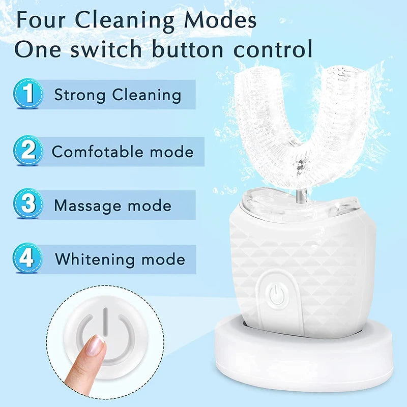 Escova de dentes em formato de U, ultrassônica, 360 graus, branqueadora infantil, silicone, automática, elétrica