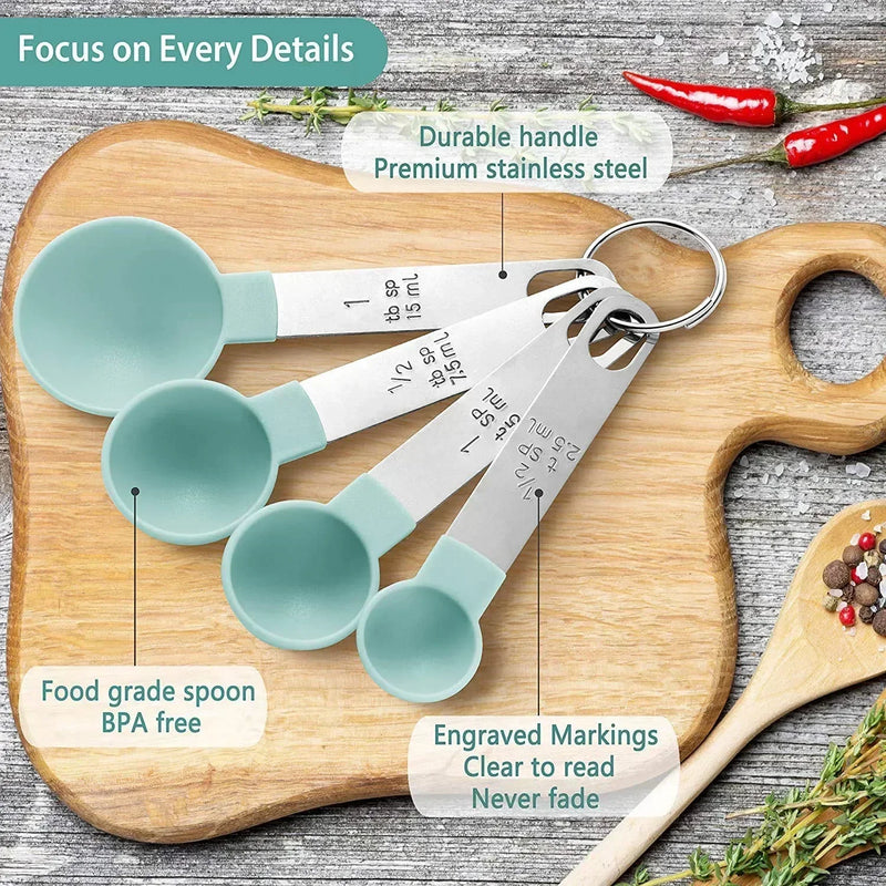xícaras e colheres medidoras, xícaras e colheres empilháveis, xícaras medidoras encaixáveis com alça, utensílios de cozinha para cozinhar e assar
