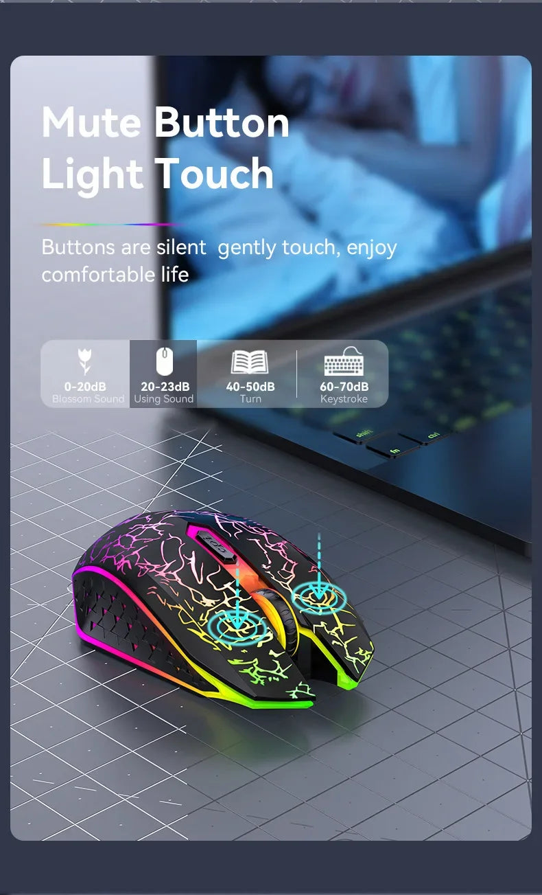 Mouse gamer RGB Bluetooth 2.4G sem fio ergonômico 1600DPI 6 botões mudos mouse para MacBook tablet laptops computador