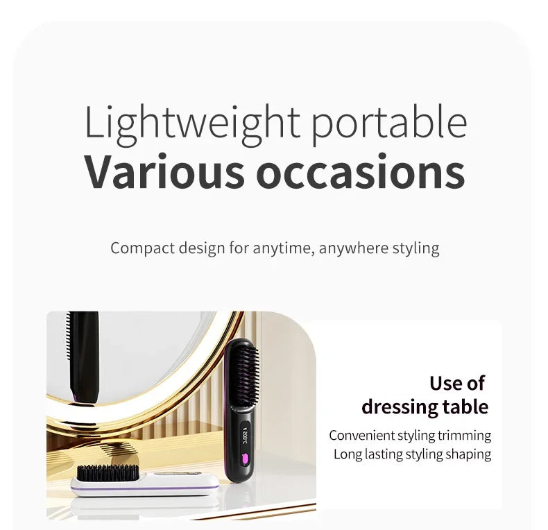 Pente elétrico de cabelo liso com aquecimento de cerâmica USB LCD, ferramenta de modelagem sem fio portátil com íons negativos, escova alisadora recarregável