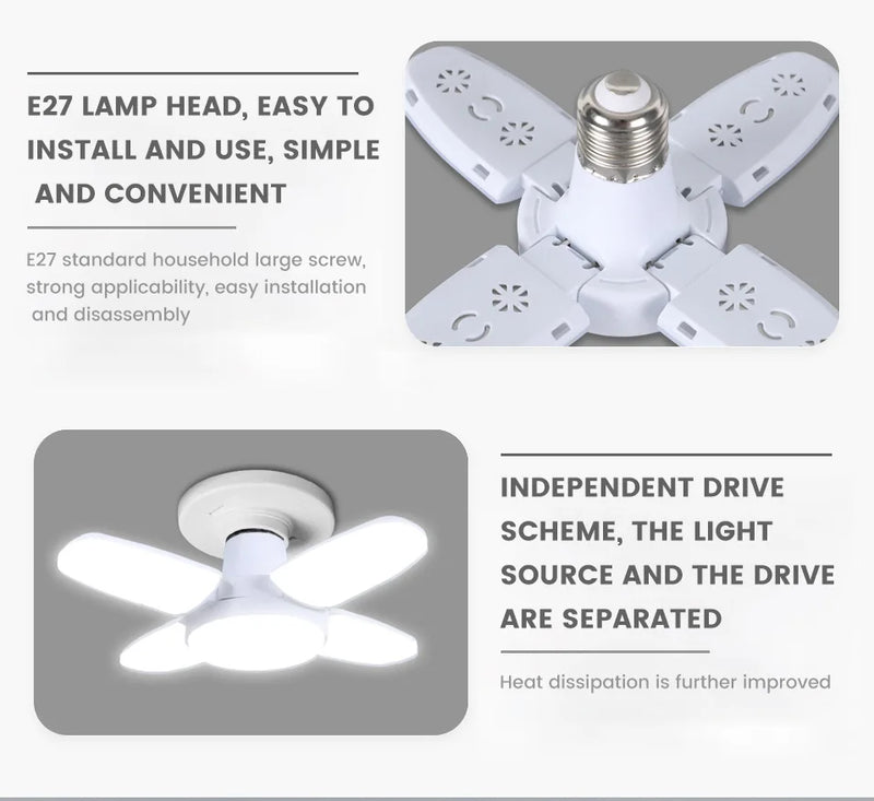 Lâmpada LED dobrável E27 de 28 W com ventilador AC220 V/110 V, 40 lâmpadas de deformação para iluminação de teto residencial, armazém e garagem, luz branca, lâmpada 6500 K