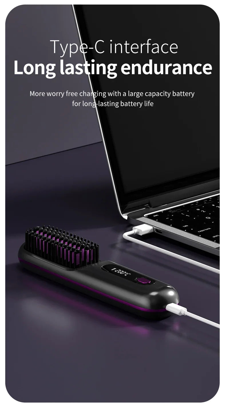 Pente elétrico de cabelo liso com aquecimento de cerâmica USB LCD, ferramenta de modelagem sem fio portátil com íons negativos, escova alisadora recarregável