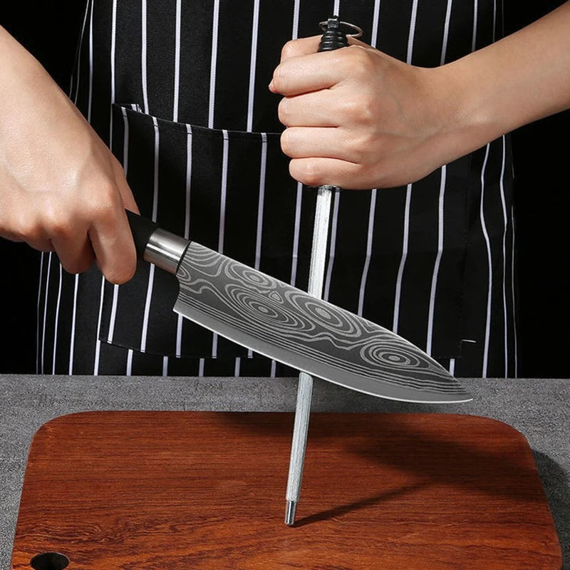 Conjunto de facas de cozinha utilitárias com padrão de damasco a laser, conjunto de hastes de afiação de tesouras, faca de chef afiada de aço inoxidável, ferramenta de cozinha