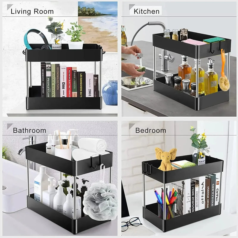 1/2 PCs organizador de armazenamento sob a pia, gaveta de 2 níveis, armário de rack multiuso, rack de armazenamento sob a pia, organizador de banheiro e cozinha