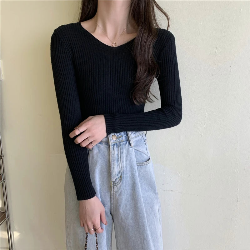 2025 Outono Inverno Mulheres Suéteres Casuais Manga Longa Malha Pulôver Suéter Feminino BÁSICO Sólido Jersey Tops Moda Roupas