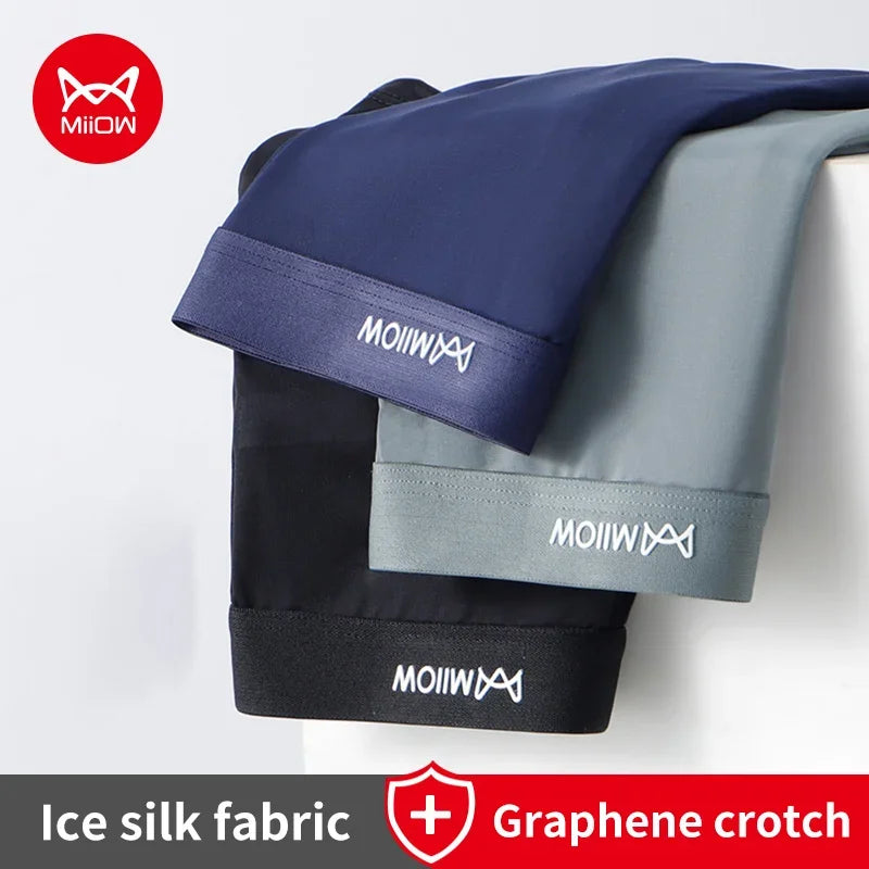 MiiOW 3 peças cuecas boxer masculinas de seda fina e gelada, grafeno, antibacteriano, roupa íntima masculina respirável e refrescante