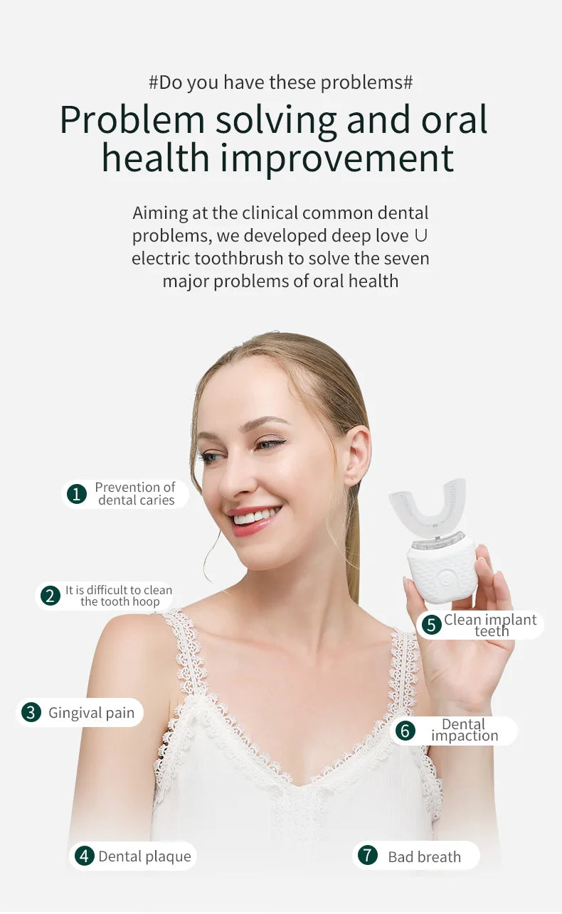 Escova de dentes em formato de U, ultrassônica, 360 graus, branqueadora infantil, silicone, automática, elétrica