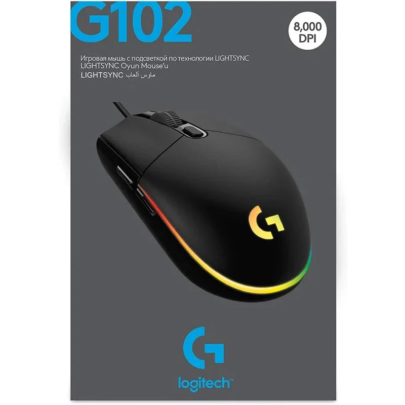 Mouse gamer Logitech G102 com fio USB, tela com efeito óptico de arco-íris de 8000 DPI para PC/Mac e laptop