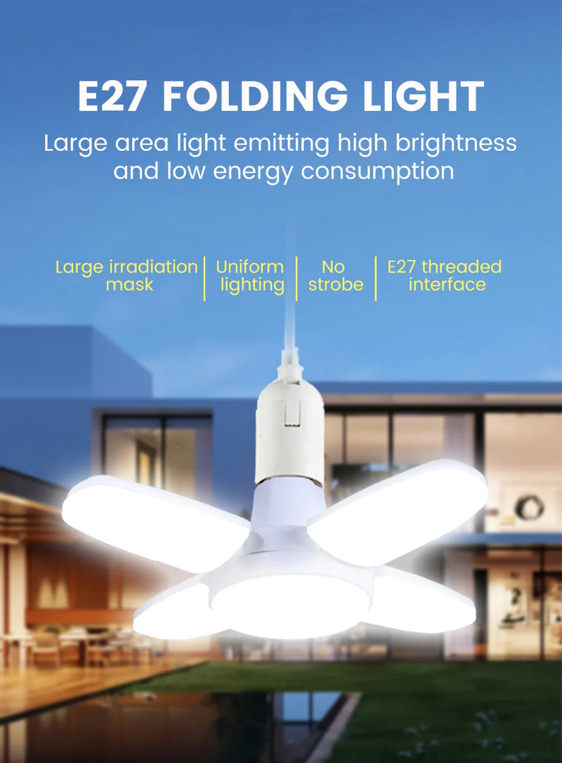 Lâmpada LED dobrável E27 de 28 W com ventilador AC220 V/110 V, 40 lâmpadas de deformação para iluminação de teto residencial, armazém e garagem, luz branca, lâmpada 6500 K