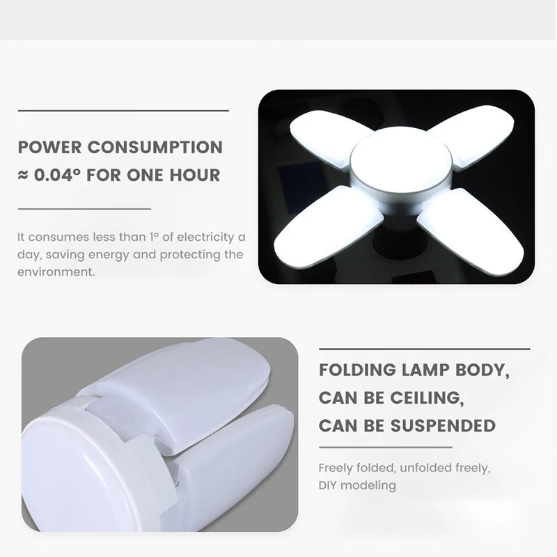 Lâmpada LED dobrável E27 de 28 W com ventilador AC220 V/110 V, 40 lâmpadas de deformação para iluminação de teto residencial, armazém e garagem, luz branca, lâmpada 6500 K