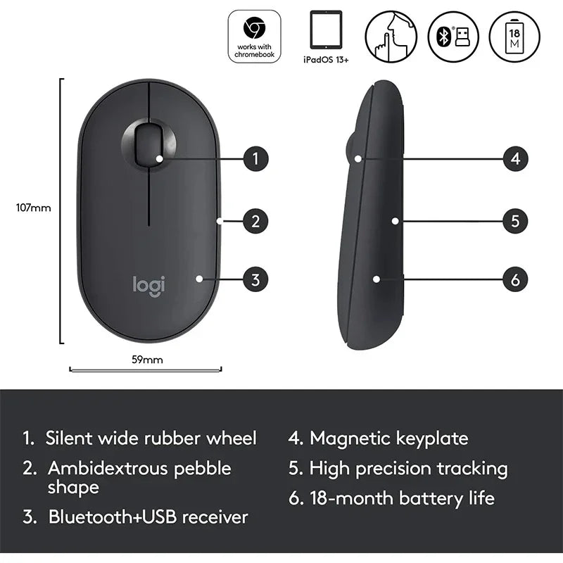 Mouse sem fio para tablet e laptop Logitech Pebble M350, Bluetooth, leve e fino, silencioso, para escritório, 2 em 1, com bateria/USB, estoque