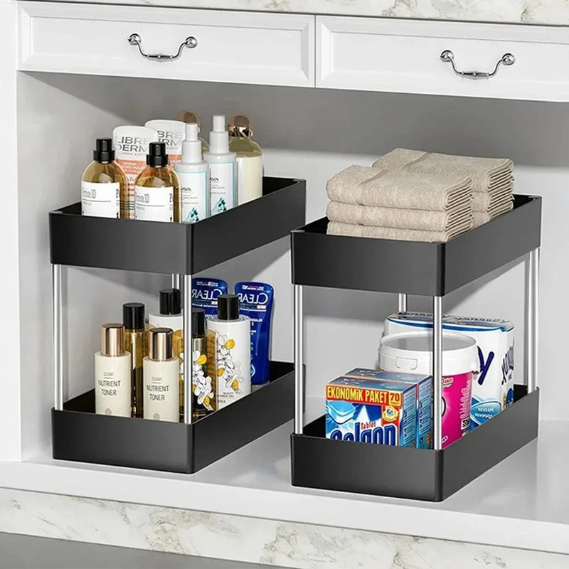 1/2 PCs organizador de armazenamento sob a pia, gaveta de 2 níveis, armário de rack multiuso, rack de armazenamento sob a pia, organizador de banheiro e cozinha