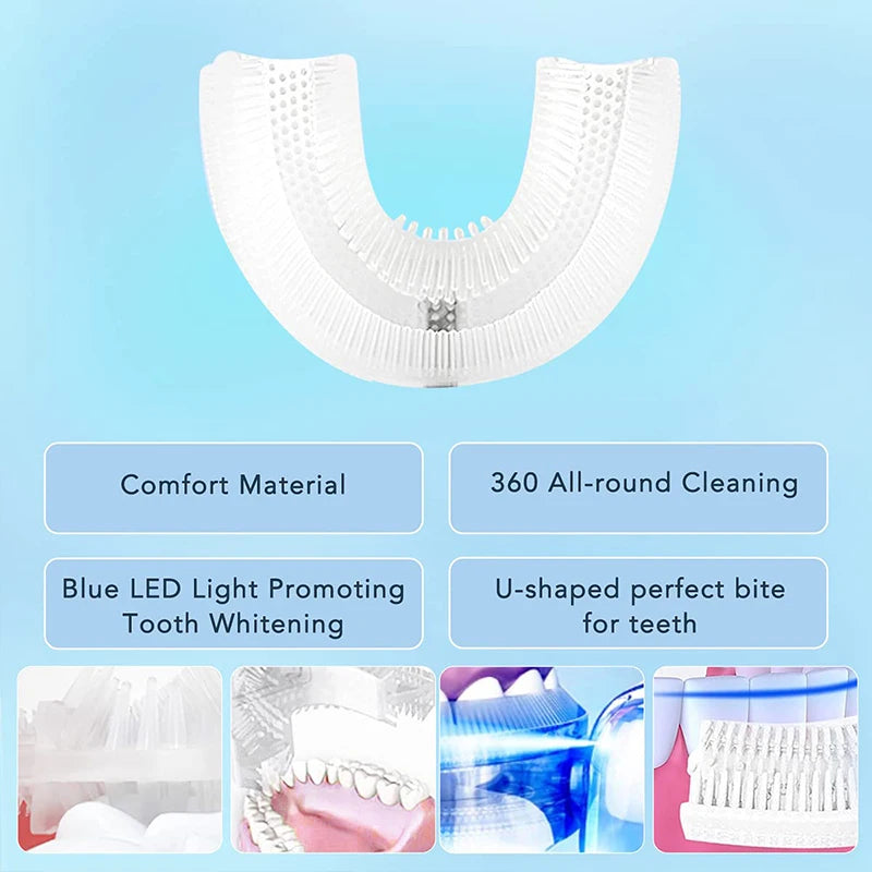 Escova de dentes em formato de U, ultrassônica, 360 graus, branqueadora infantil, silicone, automática, elétrica